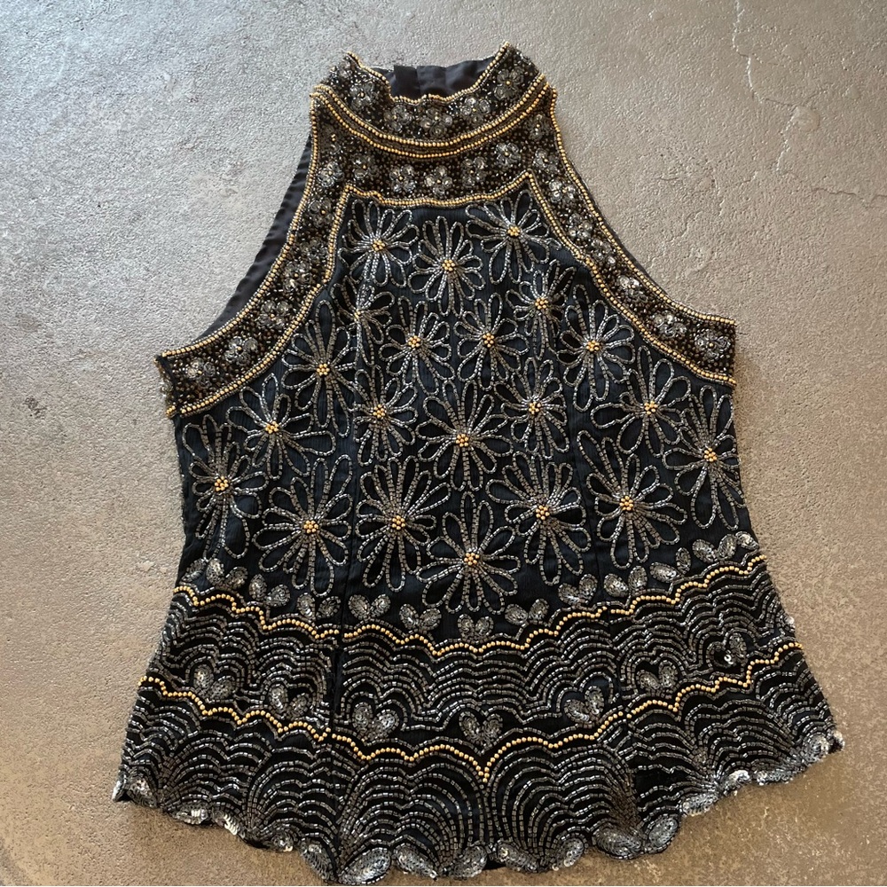 American Vintage Black Daisy Beaded Halter Top with Gold Accents